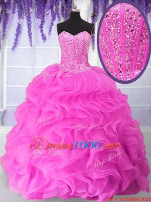 Fuchsia Organza Lace Up Quinceanera Gowns Sleeveless Floor Length Beading and Ruffles