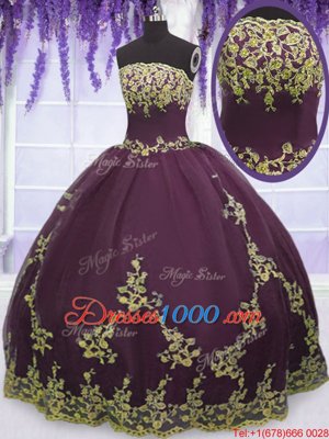 Eye-catching Floor Length Zipper Quinceanera Gowns Purple and In for Military Ball and Sweet 16 and Quinceanera with Appliques