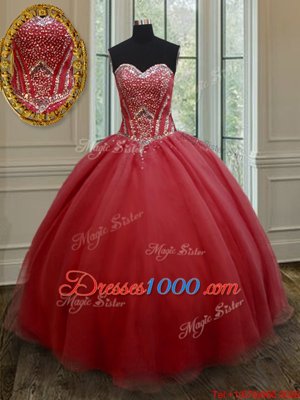 Red Sweet 16 Quinceanera Dress Military Ball and Sweet 16 and Quinceanera and For with Beading Sweetheart Sleeveless Lace Up