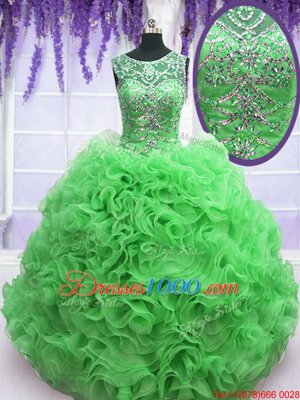Green Lace Up Scoop Beading and Ruffles 15th Birthday Dress Organza Sleeveless