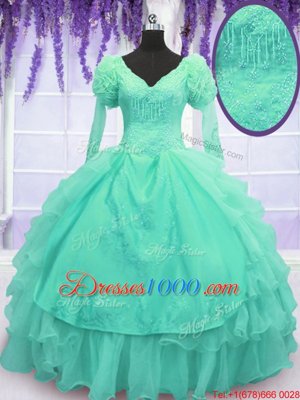 Turquoise Organza Lace Up V-neck Long Sleeves Floor Length Quinceanera Dress Beading and Embroidery and Hand Made Flower