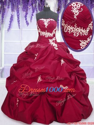 Fuchsia Taffeta Lace Up Strapless Sleeveless Floor Length Sweet 16 Quinceanera Dress Appliques and Pick Ups