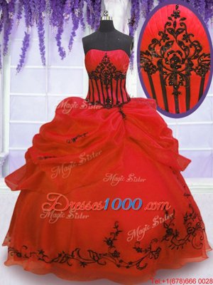 Red Lace Up Strapless Embroidery and Pick Ups Ball Gown Prom Dress Organza Sleeveless