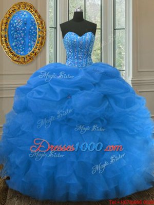Colorful Blue Ball Gowns Organza Sweetheart Sleeveless Beading and Ruffles and Pick Ups Floor Length Lace Up Quinceanera Gowns