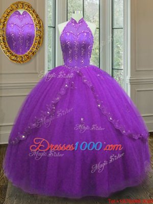 Admirable Purple Lace Up High-neck Beading and Appliques Quinceanera Dresses Tulle Sleeveless