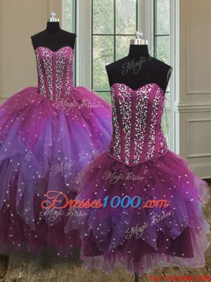 Modest Three Piece Floor Length Multi-color 15th Birthday Dress Sweetheart Sleeveless Lace Up