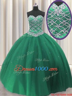 Extravagant Dark Green Ball Gowns Beading and Sequins 15th Birthday Dress Lace Up Tulle Sleeveless Floor Length