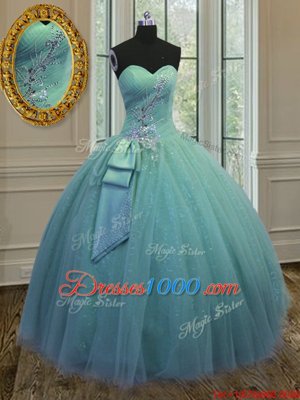 Top Selling Turquoise Sleeveless Floor Length Beading and Ruching and Bowknot Lace Up Vestidos de Quinceanera