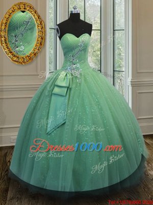 Floor Length Green Quince Ball Gowns Tulle and Sequined Sleeveless Beading and Ruching and Bowknot