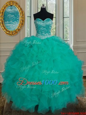 Attractive Turquoise Sleeveless Organza Lace Up Vestidos de Quinceanera for Military Ball and Sweet 16 and Quinceanera