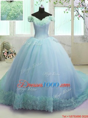Beauteous Off the Shoulder Sleeveless With Train Hand Made Flower Lace Up Sweet 16 Quinceanera Dress with Light Blue Court Train