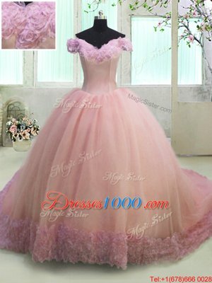 Lovely Off the Shoulder Pink Organza Lace Up Sweet 16 Quinceanera Dress Short Sleeves With Train Court Train Hand Made Flower