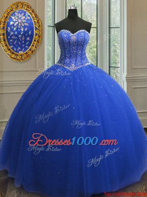 Nice Sequins Ball Gowns Sweet 16 Dress Royal Blue Sweetheart Tulle Sleeveless Floor Length Lace Up