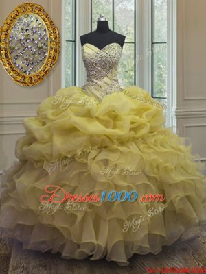 Yellow Sleeveless Floor Length Beading and Ruffles and Pick Ups Lace Up Ball Gown Prom Dress