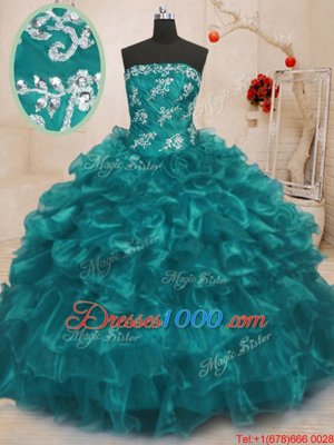 Great Ball Gowns Sweet 16 Quinceanera Dress Turquoise Strapless Organza Sleeveless Floor Length Lace Up