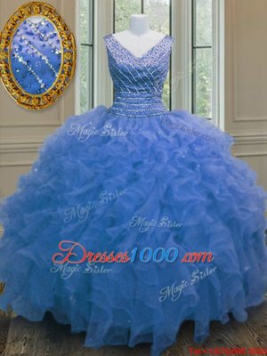 Floor Length Zipper Quinceanera Dress Blue and In for Military Ball and Sweet 16 and Quinceanera with Beading and Ruffles
