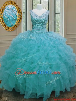 Popular Aqua Blue Sleeveless Floor Length Beading and Ruffles Zipper Vestidos de Quinceanera