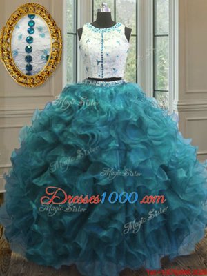 Admirable Scoop Clasp Handle Teal Sleeveless Beading and Ruffles Floor Length Quinceanera Dresses