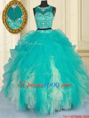 Scoop Sleeveless Tulle Floor Length Zipper Vestidos de Quinceanera in Turquoise for with Beading and Ruffles
