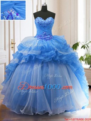 Ruffled With Train Ball Gowns Sleeveless Blue Sweet 16 Dress Sweep Train Lace Up