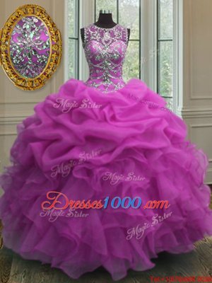 Scoop Sleeveless Floor Length Beading and Ruffles and Pick Ups Lace Up Sweet 16 Dresses with Fuchsia
