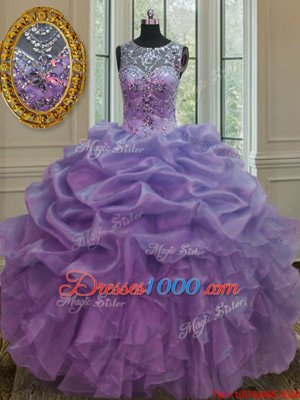 Cheap Scoop Lavender Sleeveless Beading and Ruffles and Pick Ups Floor Length Vestidos de Quinceanera