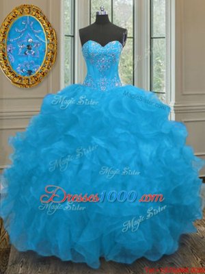 Pretty Beading and Ruffles Quinceanera Gowns Blue Lace Up Sleeveless
