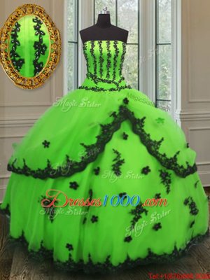 Fashionable Ball Gowns Strapless Sleeveless Organza Floor Length Lace Up Appliques Sweet 16 Dress