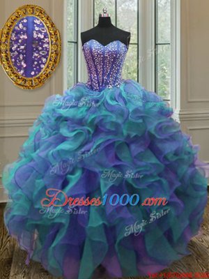 Sweetheart Sleeveless Quince Ball Gowns Floor Length Beading and Ruffles Multi-color Organza