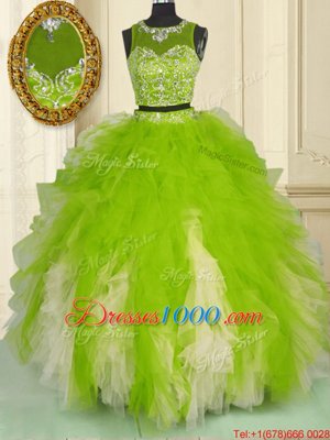 Scoop Floor Length Zipper Quinceanera Gowns Multi-color and In for Military Ball and Sweet 16 and Quinceanera with Beading and Ruffles