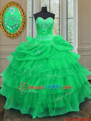 Pick Ups Ruffled Floor Length Green Sweet 16 Dress Halter Top Sleeveless Lace Up