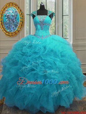 Straps Straps Cap Sleeves Floor Length Beading and Ruffles and Sequins Lace Up Quinceanera Dress with Aqua Blue
