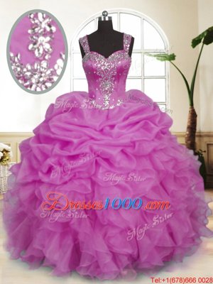 Custom Fit Lilac Straps Neckline Beading and Ruffles and Pick Ups Vestidos de Quinceanera Sleeveless Zipper