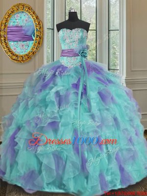 Custom Design Sweetheart Sleeveless Organza Sweet 16 Dresses Beading and Appliques and Ruffles and Sashes|ribbons and Hand Made Flower Lace Up