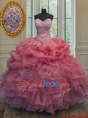 Sexy Organza Sleeveless Floor Length Sweet 16 Dresses and Beading and Ruffles and Pick Ups