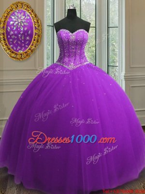Elegant Beading and Sequins Quince Ball Gowns Purple Lace Up Sleeveless Floor Length