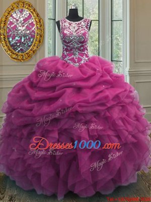 Scoop Fuchsia Sleeveless Beading and Ruffles and Pick Ups Floor Length 15 Quinceanera Dress
