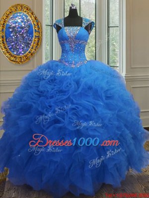 Spectacular Sequins Royal Blue Cap Sleeves Organza Lace Up Quinceanera Gown for Military Ball and Sweet 16 and Quinceanera