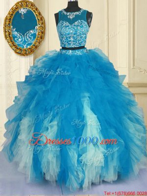 Ideal Scoop Blue And White Zipper Sweet 16 Dresses Beading and Ruffles Sleeveless Floor Length
