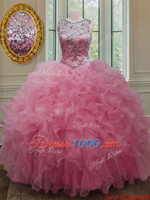 Scoop Beading and Ruffles Quince Ball Gowns Rose Pink Lace Up Sleeveless Floor Length