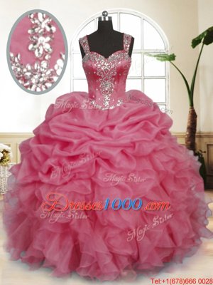 Decent Pink Ball Gowns Straps Sleeveless Organza Floor Length Zipper Beading and Ruffles and Pick Ups 15 Quinceanera Dress