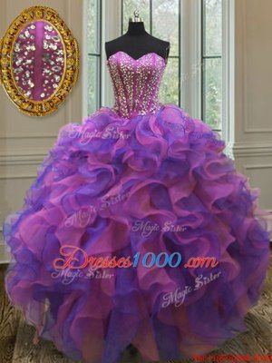 Custom Designed Multi-color Sleeveless Floor Length Beading and Ruffles Lace Up 15th Birthday Dress