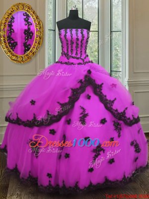 Fuchsia Lace Up Strapless Appliques Quince Ball Gowns Tulle Sleeveless