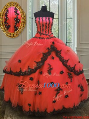 Red Ball Gowns Strapless Sleeveless Tulle Floor Length Lace Up Appliques 15th Birthday Dress