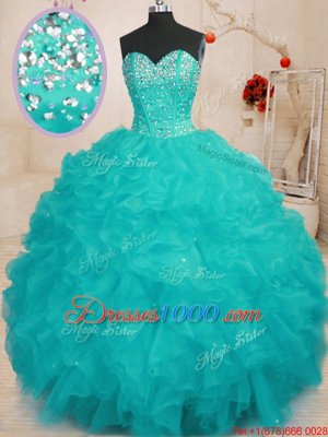 Chic Floor Length Aqua Blue Sweet 16 Dress Sweetheart Sleeveless Lace Up
