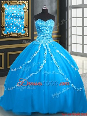 Sleeveless With Train Beading and Appliques Lace Up Quinceanera Dresses with Aqua Blue Brush Train