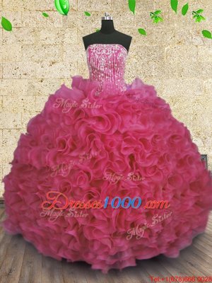 Floor Length Hot Pink Sweet 16 Dress Organza Sleeveless Beading and Ruffles
