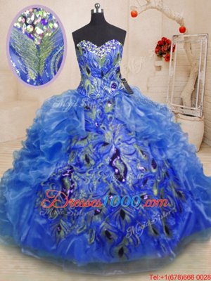Trendy Blue Sleeveless Floor Length Beading and Appliques and Ruffles Zipper 15th Birthday Dress