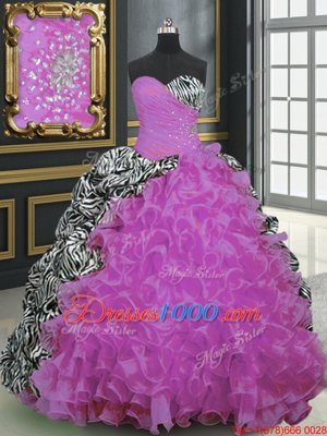 Sumptuous Fuchsia Ball Gowns Organza and Printed Sweetheart Sleeveless Beading and Ruffles and Pattern With Train Lace Up 15 Quinceanera Dress Brush Train