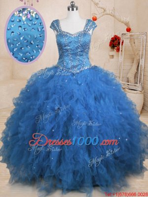 Tulle Straps Cap Sleeves Lace Up Beading and Ruffles and Sequins Quinceanera Gown in Teal